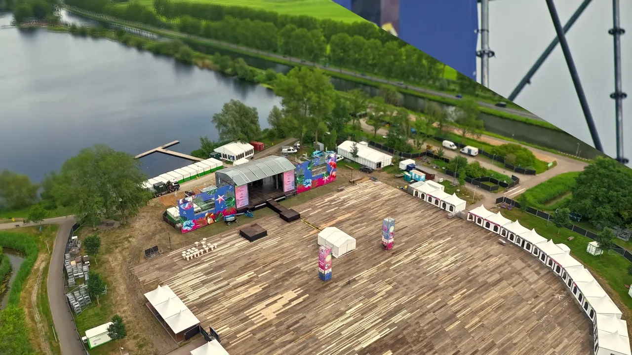 Luchtbeeld van het festivalterrein van Zomerspektakel aan het Meer